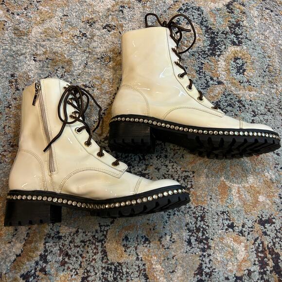 Schutz Combat Boots Andorra Patent Embedded Crystal Detail Block Heel Size 10B - Picture 6 of 9